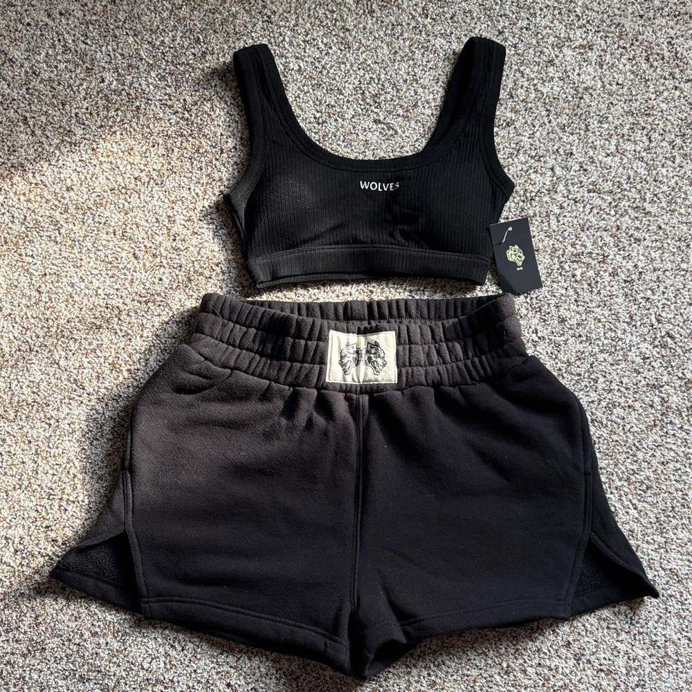 She + Sky Black Athletic Shorts with Matching ribbed sports bra